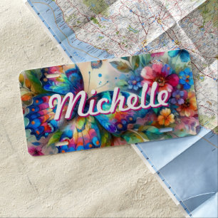 Watercolor Butterfly Floral Flowers Blue Pink License Plate