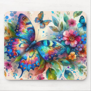 Watercolor Butterfly Floral Flowers Blue Pink Mouse Pad