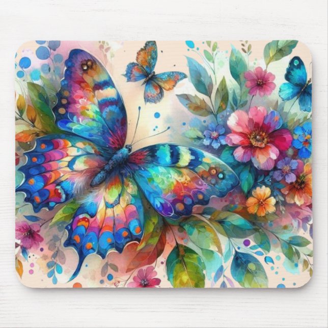 Watercolor Butterfly Floral Flowers Blue Pink Mouse Pad (Front)
