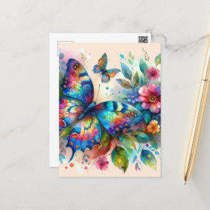 Watercolor Butterfly Floral Flowers Blue Pink Postcard