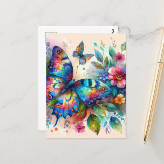 Watercolor Butterfly Floral Flowers Blue Pink Postcard