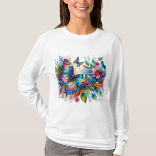 Watercolor Butterfly Floral Flowers Blue Pink T-Shirt