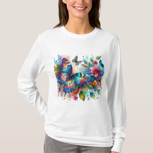 Watercolor Butterfly Floral Flowers Blue Pink T_Shirt