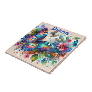 Watercolor Butterfly Floral Garden Personalized Ceramic Tile