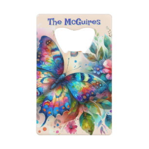 Watercolor Butterfly Floral Garden Personalized Credit Card Bottle Opener