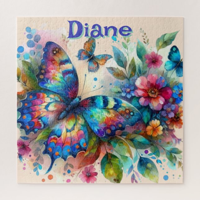 Watercolor Butterfly Floral Garden Personalized Jigsaw Puzzle (Vertical)