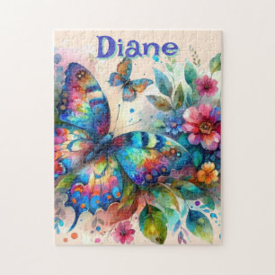 Watercolor Butterfly Floral Garden Personalized Jigsaw Puzzle