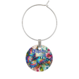Watercolor Butterfly Floral Garden Personalized Wine Charm