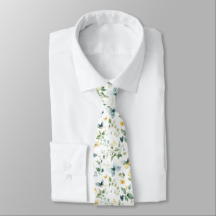 Watercolor Butterfly Floral Pattern in Soft Yellow Neck Tie
