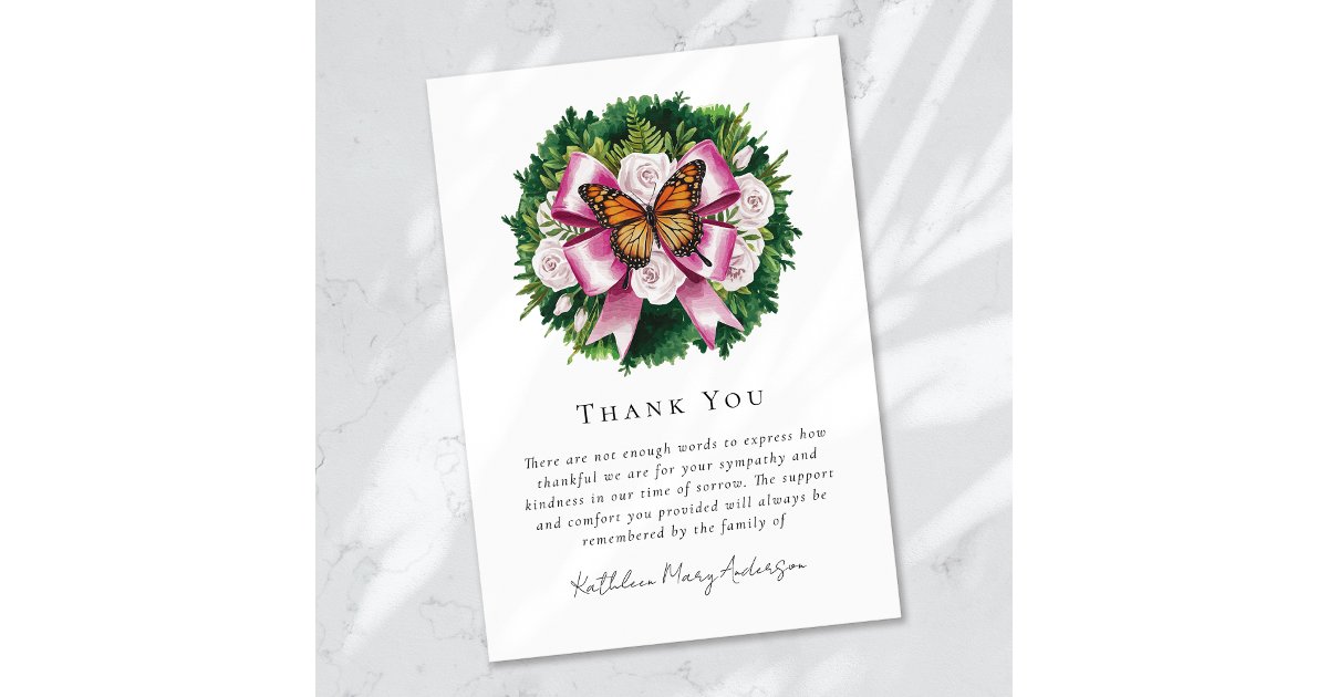 Watercolor Butterfly Floral Sympathy Funeral Thank You Card | Zazzle
