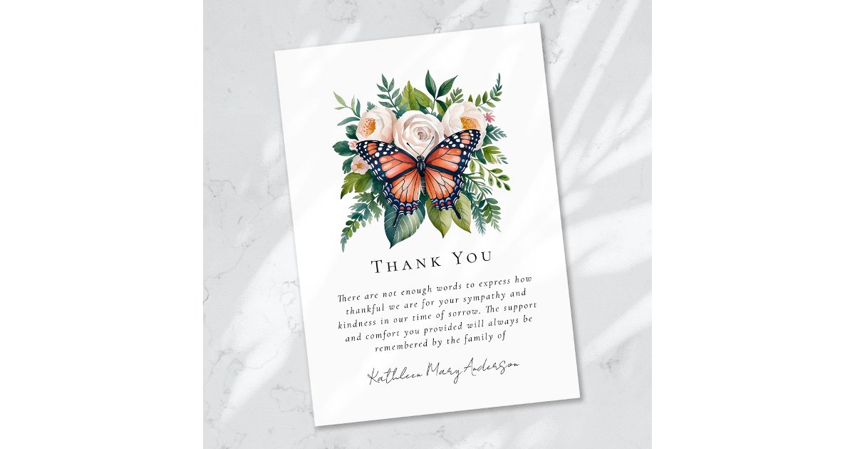 Watercolor Butterfly Floral Sympathy Funeral Thank You Card | Zazzle