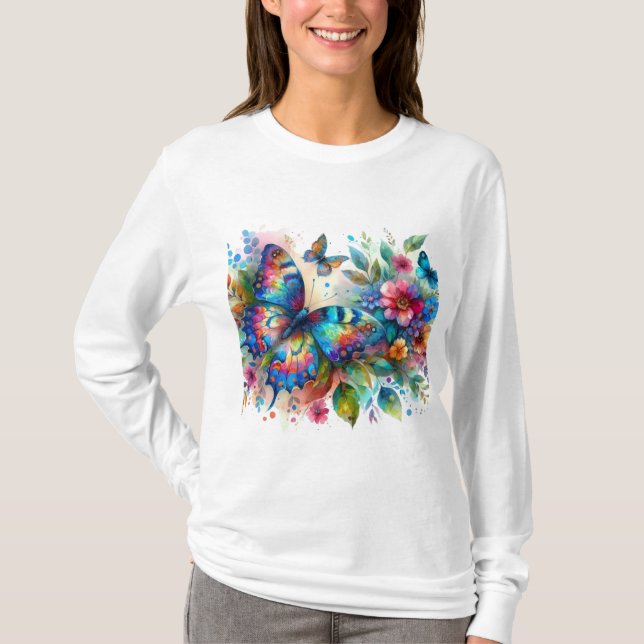 Watercolor Butterfly & Florals – Blue Pink Nature T-Shirt (Front)
