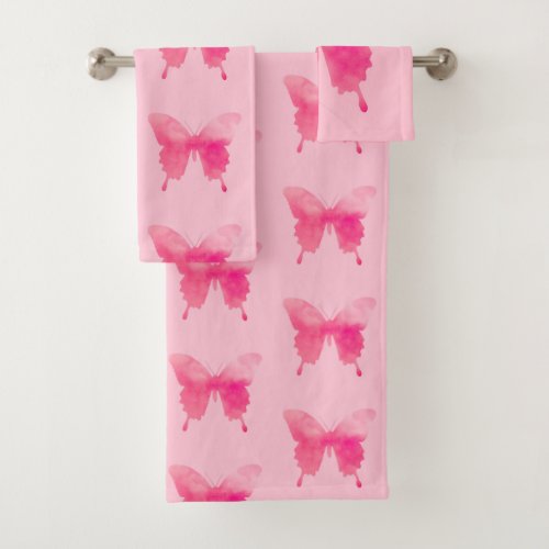 Watercolor Butterfly _ Fuchsia and Pastel Pink Bath Towel Set