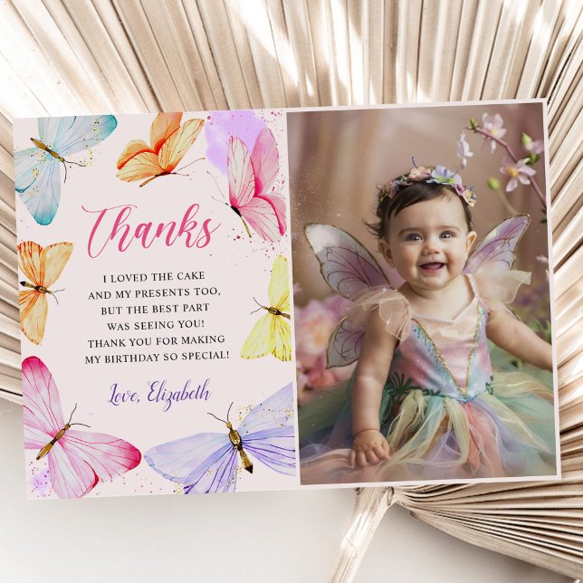Watercolor Butterfly Girl Birthday Photo Thank You Card (Creator Uploaded)