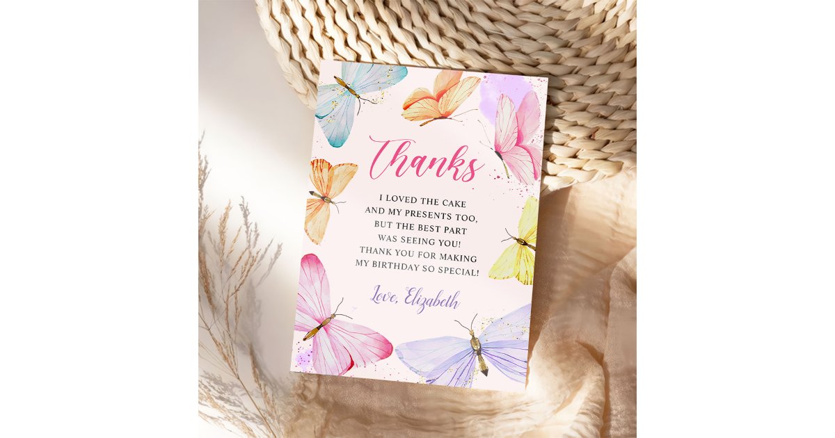 Watercolor Butterfly Girl Birthday Thank You Card | Zazzle