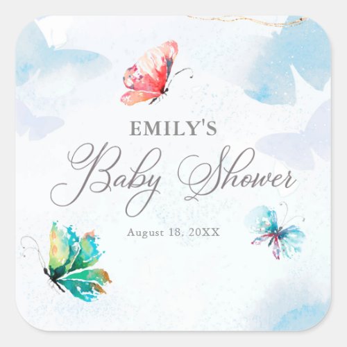 Watercolor Butterfly Girls Baby Shower Square Sticker