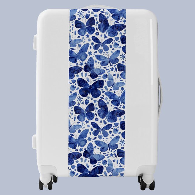 Watercolor Butterfly Indigo Blue Art Luggage (Indigo navy blue and white watercolor butterfly pattern luggage)