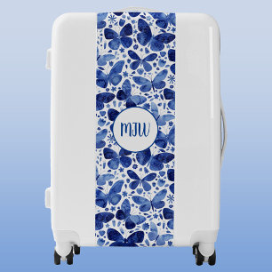 Watercolor Butterfly Indigo Blue Art Monogram Luggage