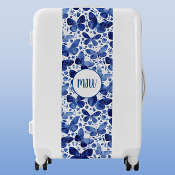 Watercolor Butterfly Indigo Blue Art Monogram Luggage by Squirrell at Zazzle