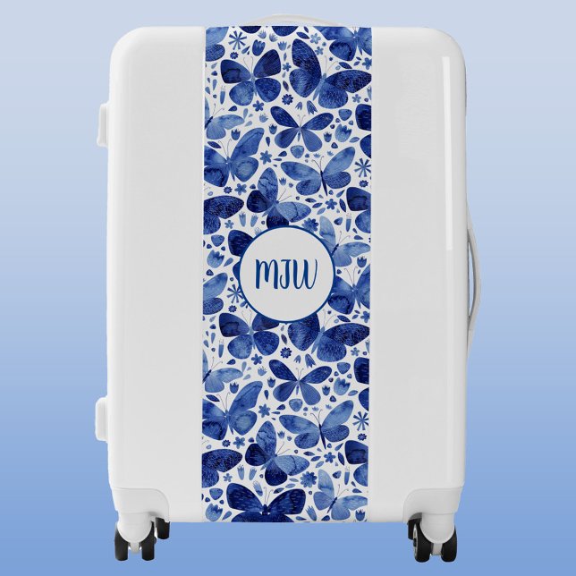 Watercolor Butterfly Indigo Blue Art Monogram Luggage (Blue watercolor butterfly pattern monogram initial personalized luggage)