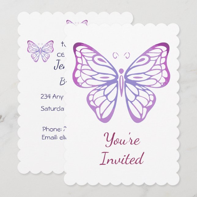 Watercolor Butterfly Invite for Birthday Party (Front/Back)