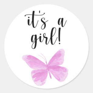 Watercolor Butterfly It's a girl Baby Shower Classic Round Sticker