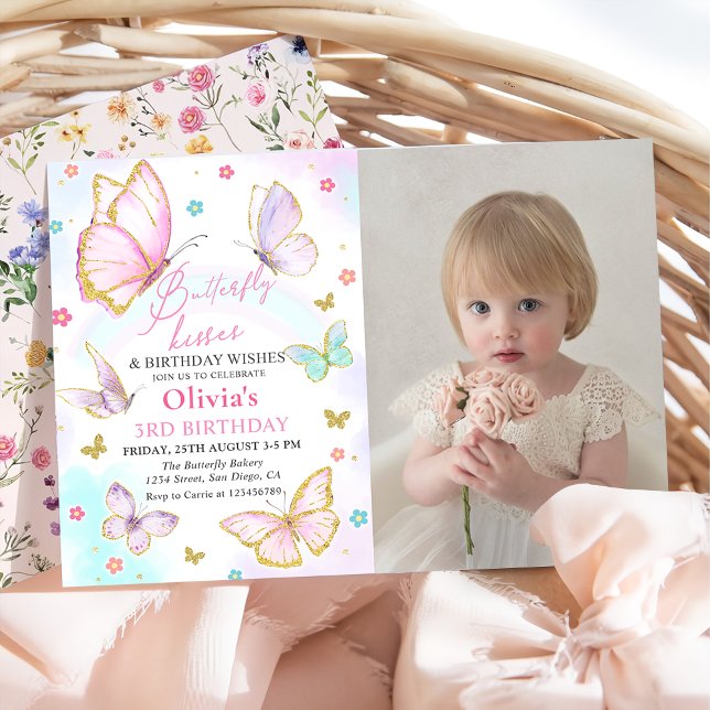 Watercolor Butterfly Kisses and Birthday Wishes Invitation (Creator Uploaded)