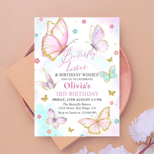 Watercolor Butterfly Kisses and Birthday Wishes Invitation