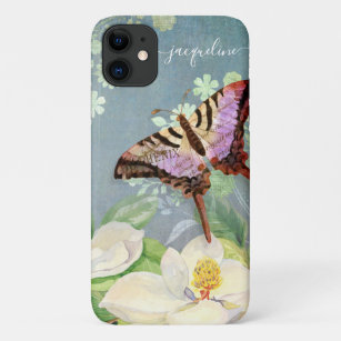 Watercolor Butterfly Magnolia Floral Blue Vintage iPhone 11 Case