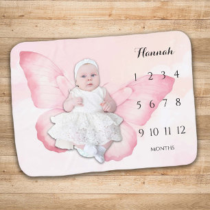 Watercolor Butterfly Milestone Pink Baby Blanket