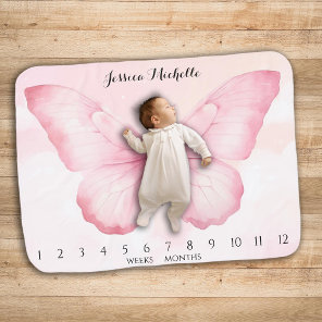 Watercolor Butterfly Milestone Pink  Baby Blanket