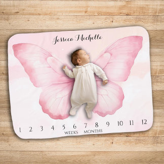Watercolor Butterfly Milestone Pink  Baby Blanket
