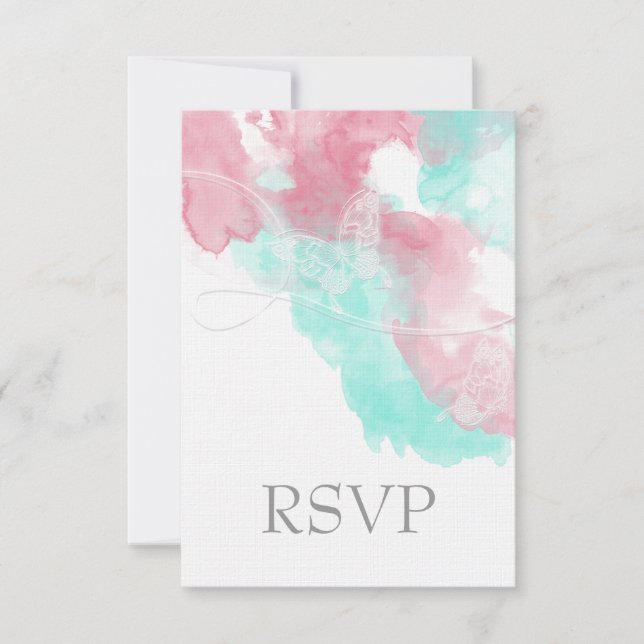 Watercolor Butterfly Minted Blush Wedding RSVP Card (Front)