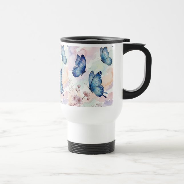 Watercolor Butterfly Mug | Soft Blue Floral Art (Right)