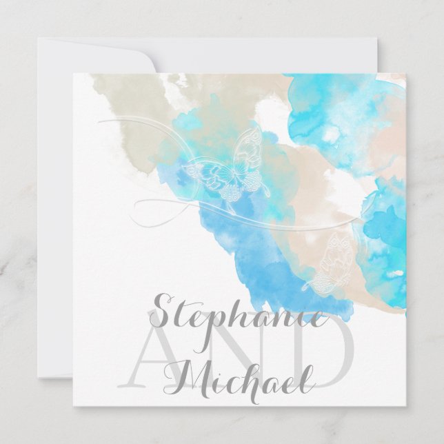 Watercolor Butterfly Ocean Shore Wedding Invite (Front)