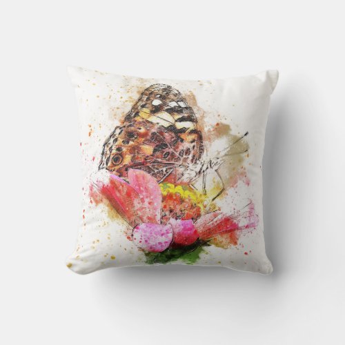 Watercolor Butterfly on Flower Throw Pillow