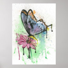 Watercolor butterfly on pink daisy flower poster