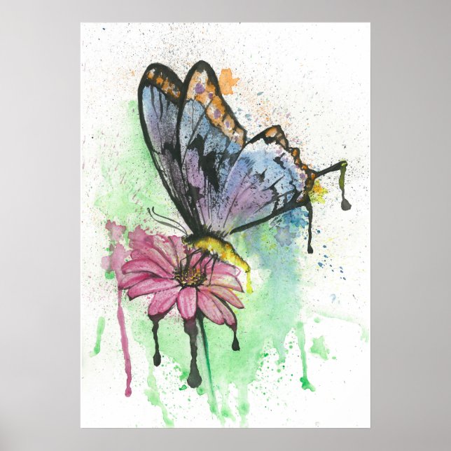 Watercolor butterfly on pink daisy flower poster (Front)