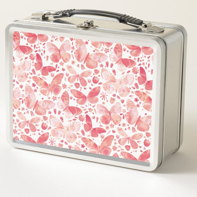 Watercolor Butterfly Pattern Pink Metal Lunch Box (Blush and coral pink watercolor butterfly metal lunch box)