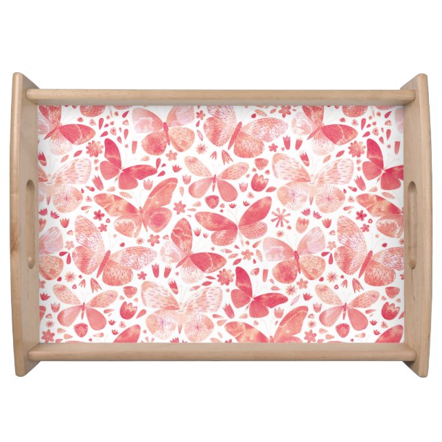 Watercolor Butterfly Pattern Pink Serving Tray (Front)