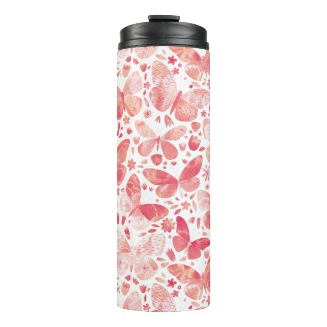 Watercolor Butterfly Pattern Pink Thermal Tumbler (Front)