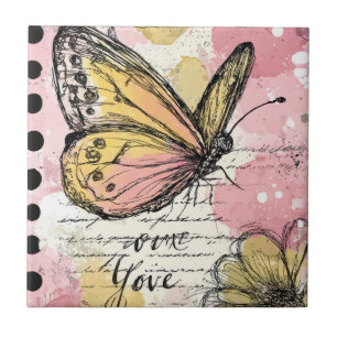 Watercolor Butterfly Pink Gold Boho Nature Art (1) Ceramic Tile
