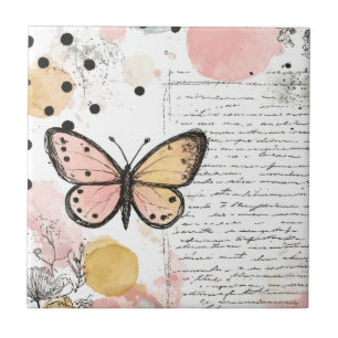 Watercolor Butterfly Pink Gold Boho Nature Art (3) Ceramic Tile