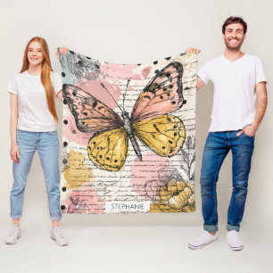 Watercolor Butterfly Pink Gold Boho Nature Art (3) Fleece Blanket