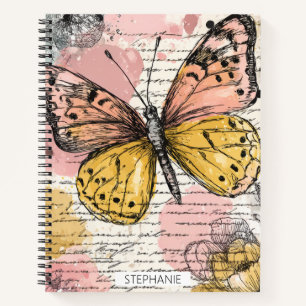 Watercolor Butterfly Pink Gold Boho Nature Art (3) Notebook
