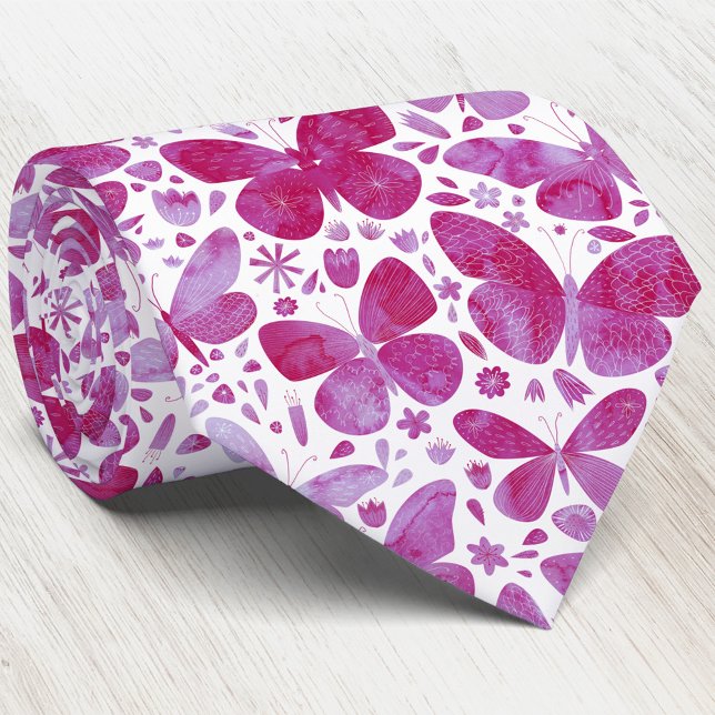 Watercolor Butterfly Pink Neck Tie (Watercolor butterfly hot pink and white neck tie)