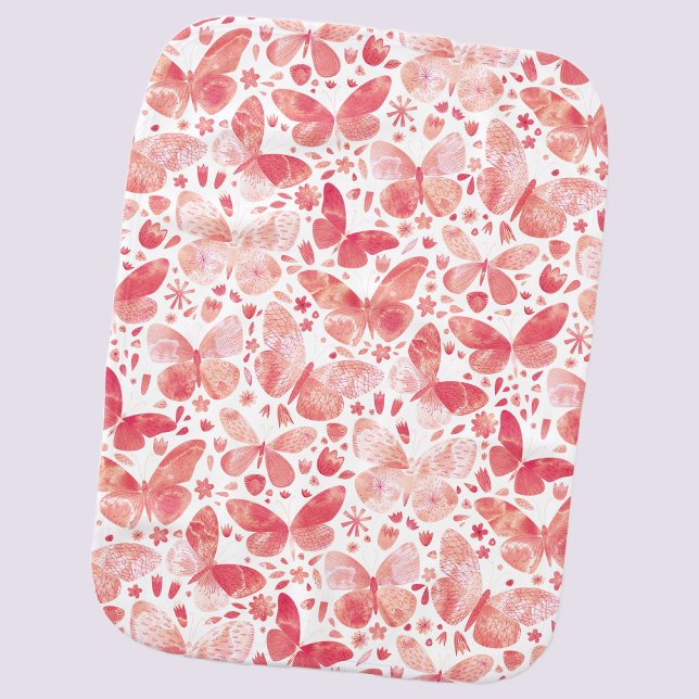 Watercolor Butterfly Pink Pattern Baby Burp Cloth (Coral peach pink watercolor butterfly pattern pretty baby burp cloth)