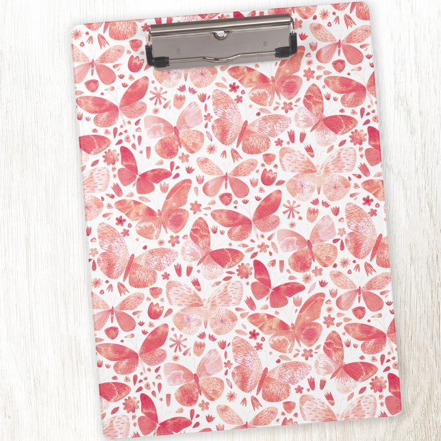 Watercolor Butterfly Pink Pattern Clipboard (Coral peach blush pink watercolor butterfly pattern clipboard)