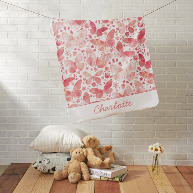 Watercolor Butterfly Pink Personalized Baby Blanket (In Situ)