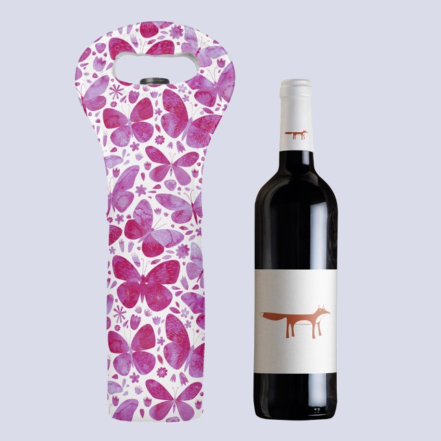Watercolor Butterfly Pink Wine Bag (Magenta hot pink watercolor butterfly wine bag)